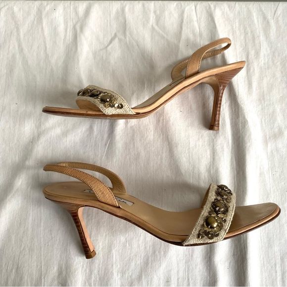 Oscar De La Renta Beaded Linen Sling Back Sandals Kitten Heels - Picture 11 of 14